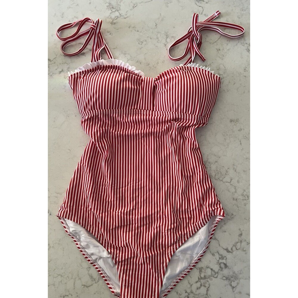Retro Pin Up Swimsuit Bodysuit Red White Stripe Rockabilly Halter Size S